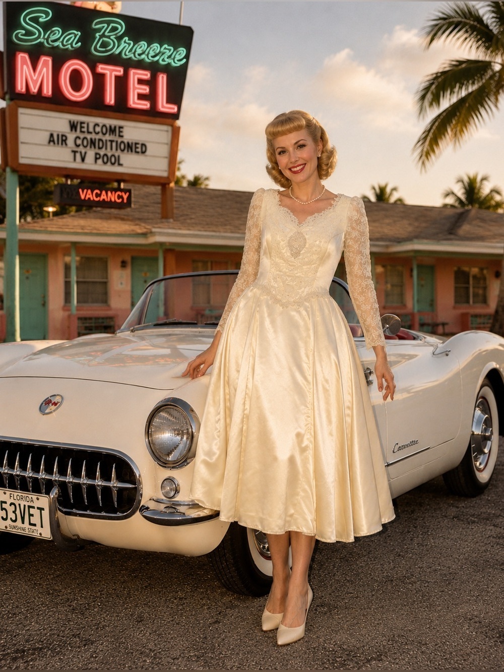 Retro Ivory Lace & Satin Long-Sleeve Short Length Wedding Dress Pin-Up 50s Look